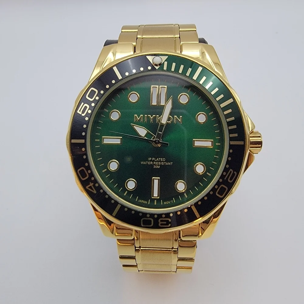 Miykon Gold Tone Green Dial Dive 44mm Watch 30M Water Resistant Seiko Movement